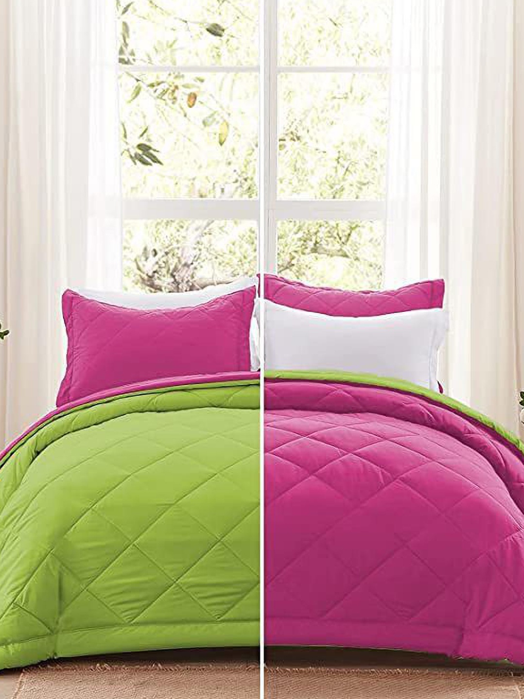 

RF RELAXFEEL Pink & Green Geometric Heavy Winter 233 GSM Single Bed Quilt