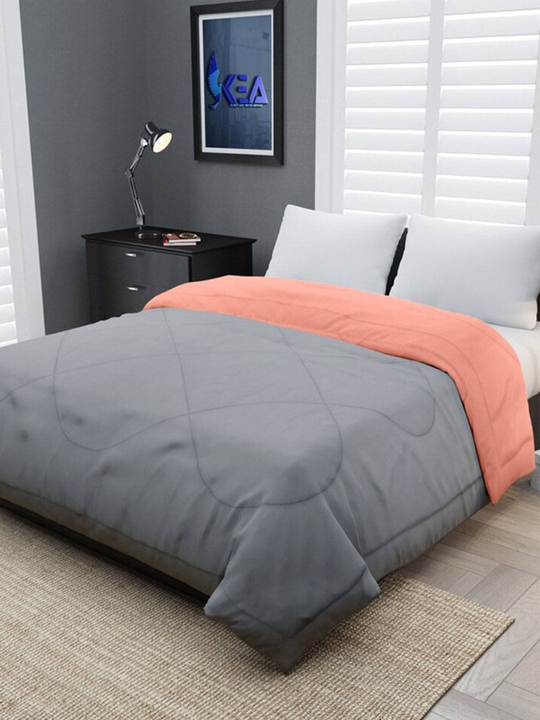 

RF RELAXFEEL Peach-Coloured & Grey Geometric Heavy Winter 233 GSM Double Bed Quilt