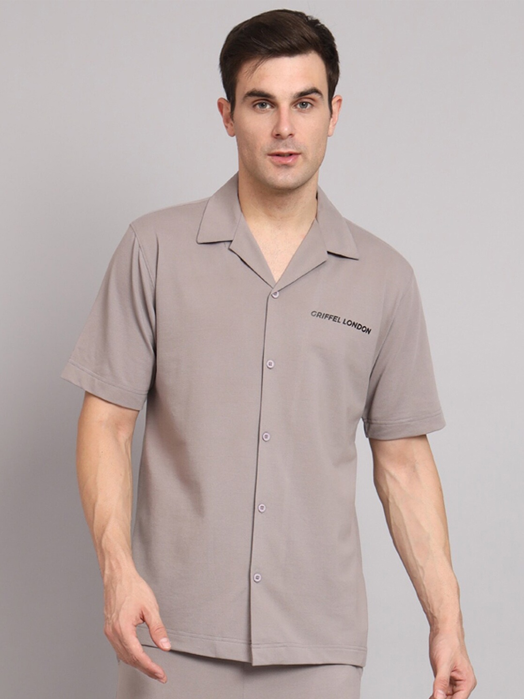 

GRIFFEL Premium Cuban Collar Short Sleeves Cotton Casual Shirt, Grey