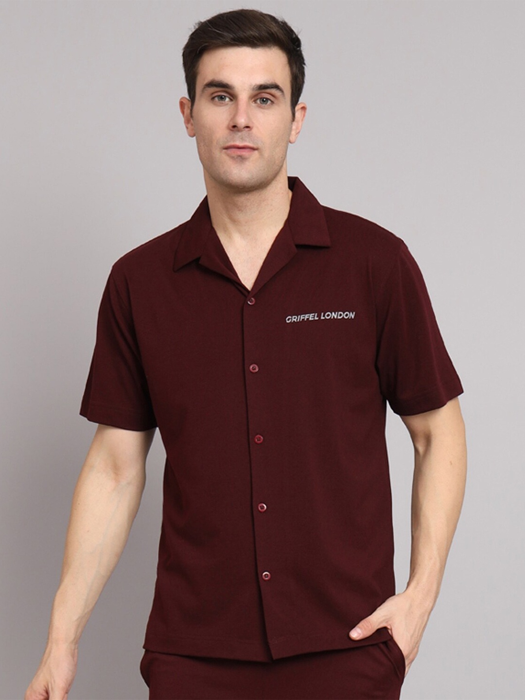 

GRIFFEL Premium Cuban Collar Short Sleeves Cotton Casual Shirt, Maroon