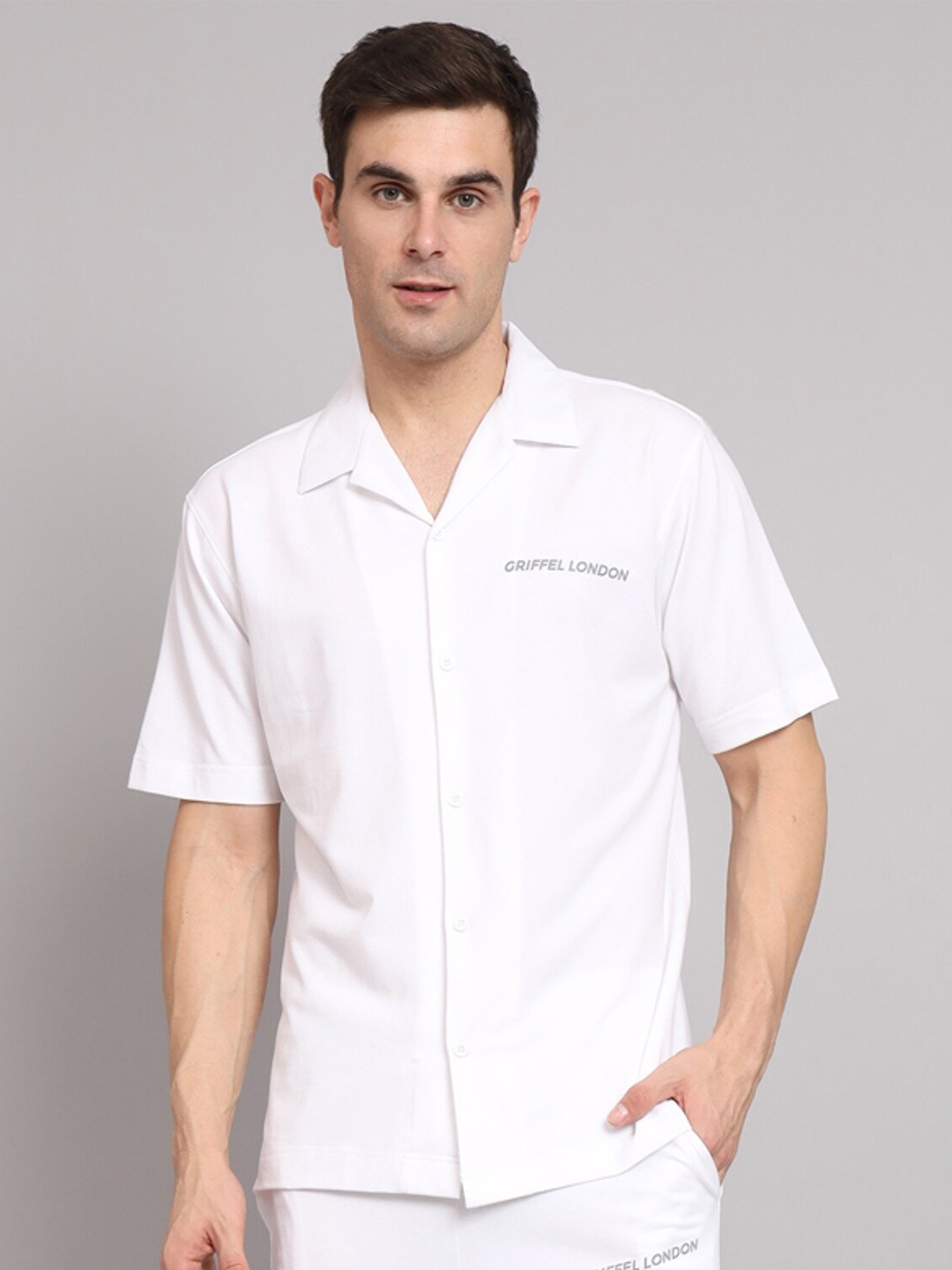 

GRIFFEL Premium Cuban Collar Short Sleeves Cotton Casual Shirt, White
