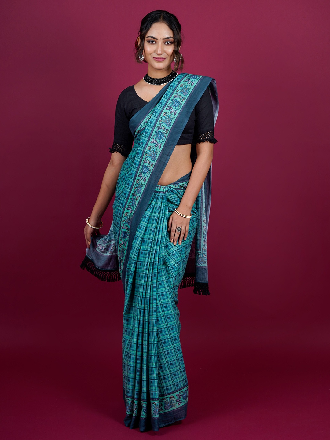 

BUTA BUTI Checked Pure Cotton Saree, Blue