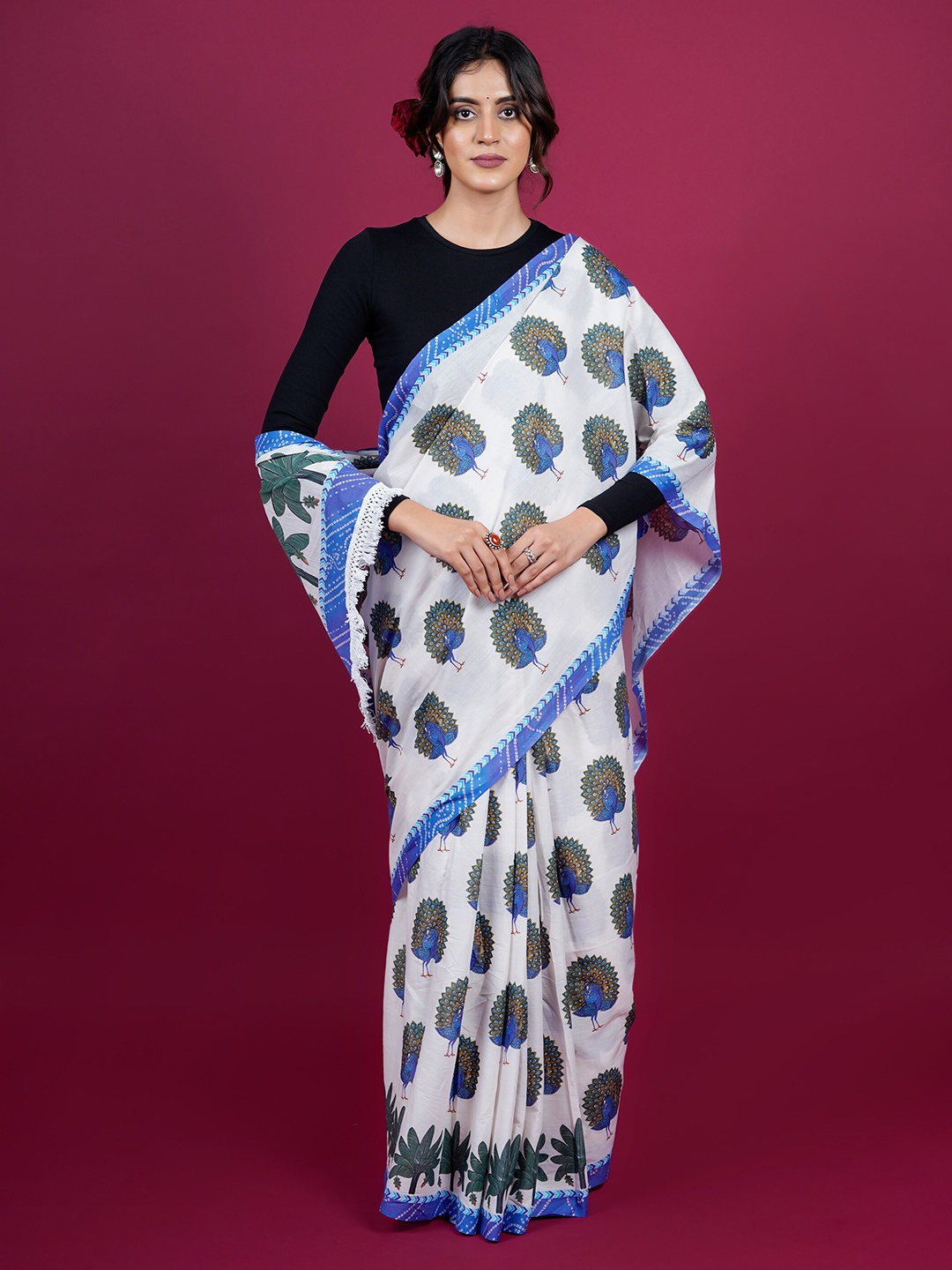 

BUTA BUTI Floral Printed Pure Cotton Saree, White