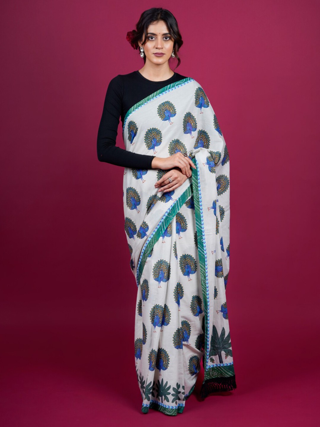 

BUTA BUTI Ethnic Motifs Printed Pure Cotton Saree, White