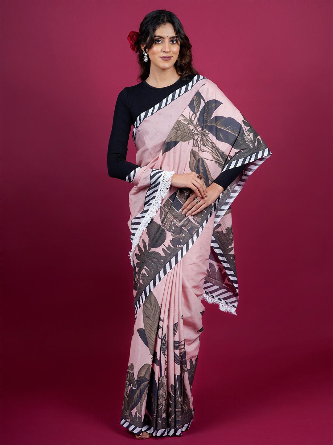 

BUTA BUTI Floral Printed Pure Cotton Saree, Rose