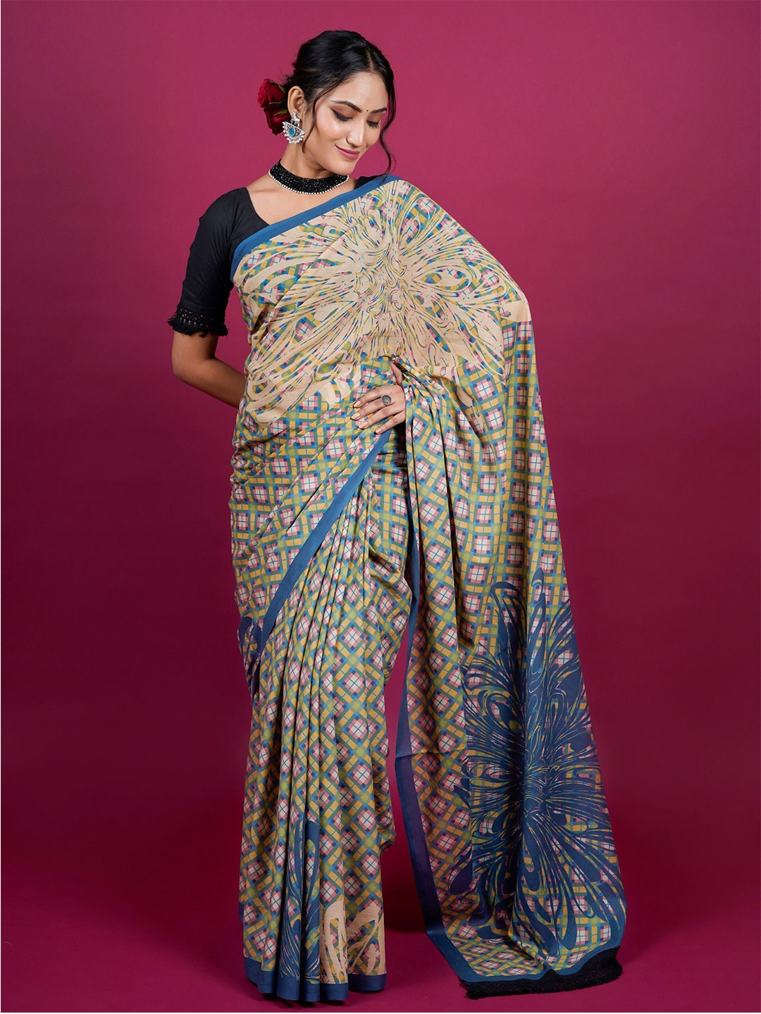 

BUTA BUTI Abstract Printed Pure Cotton Saree, Beige