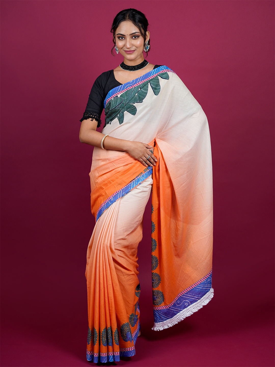 

BUTA BUTI Ombre Printed Pure Cotton Saree, Orange