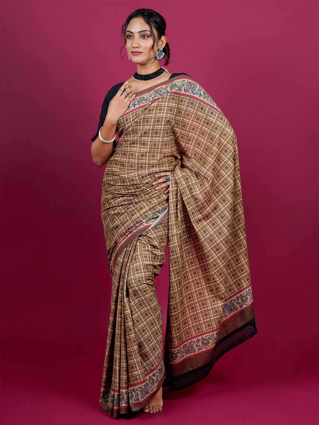 

BUTA BUTI Checked Pure Cotton Saree, Beige
