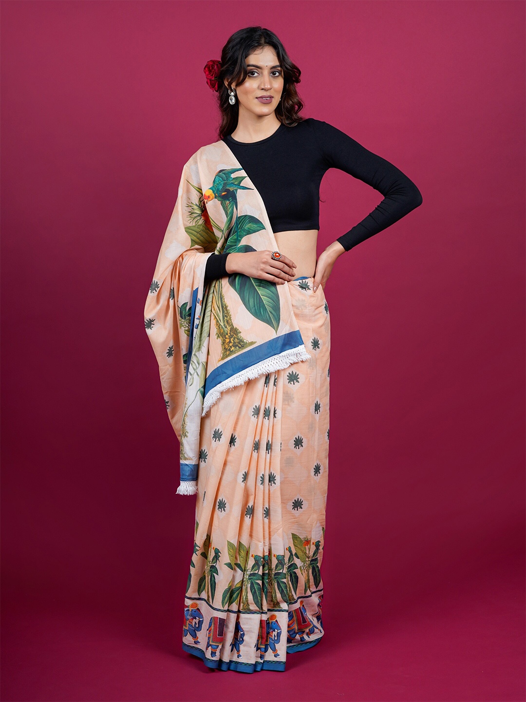 

BUTA BUTI Floral Printed Pure Cotton Saree, Peach