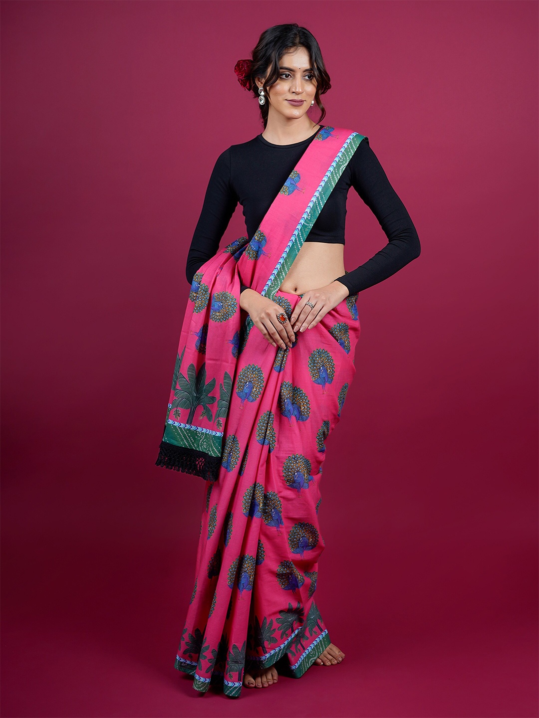 

BUTA BUTI Floral Printed Pure Cotton Saree, Pink