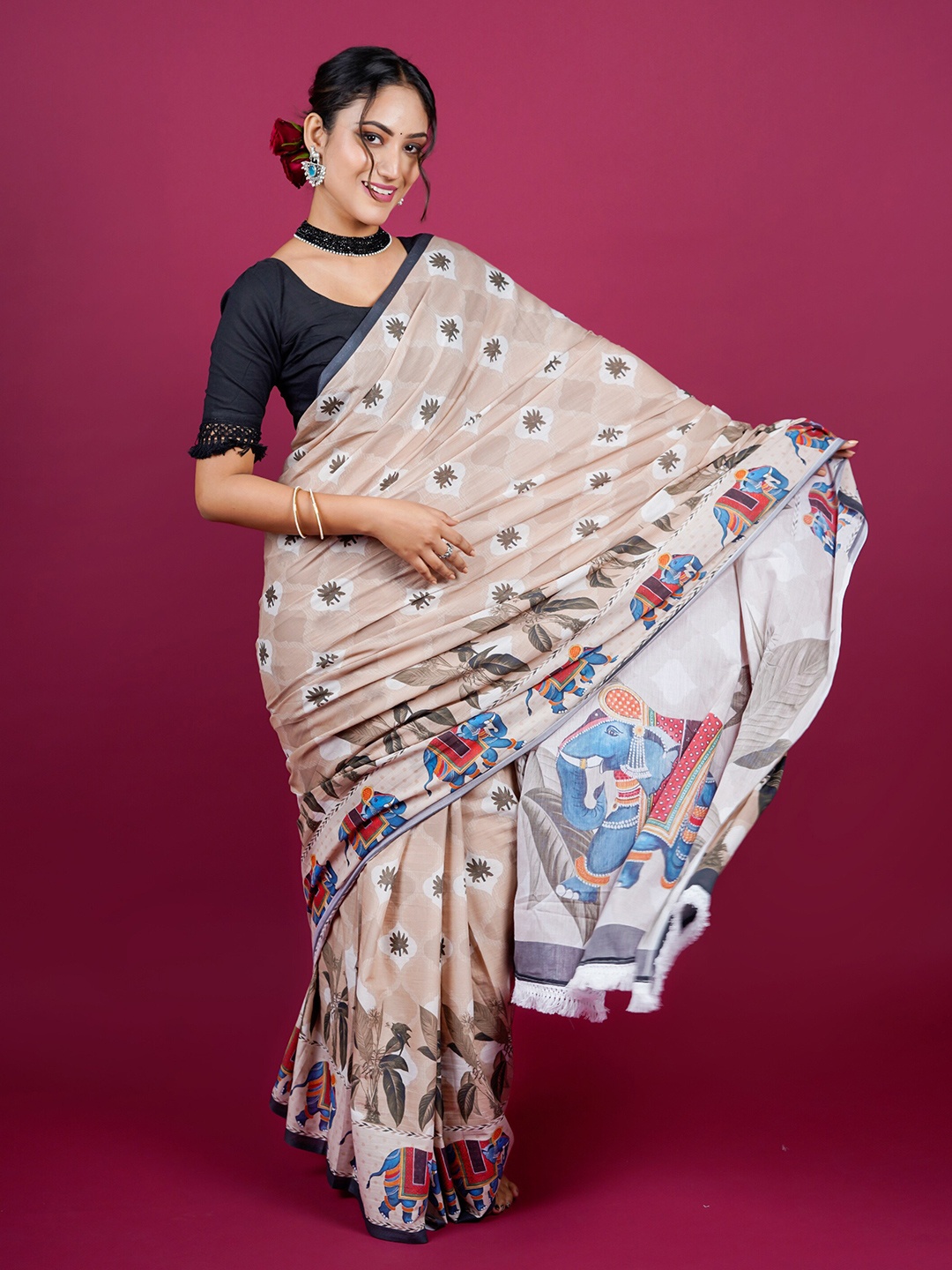 

BUTA BUTI Floral Printed Pure Cotton Saree, Cream