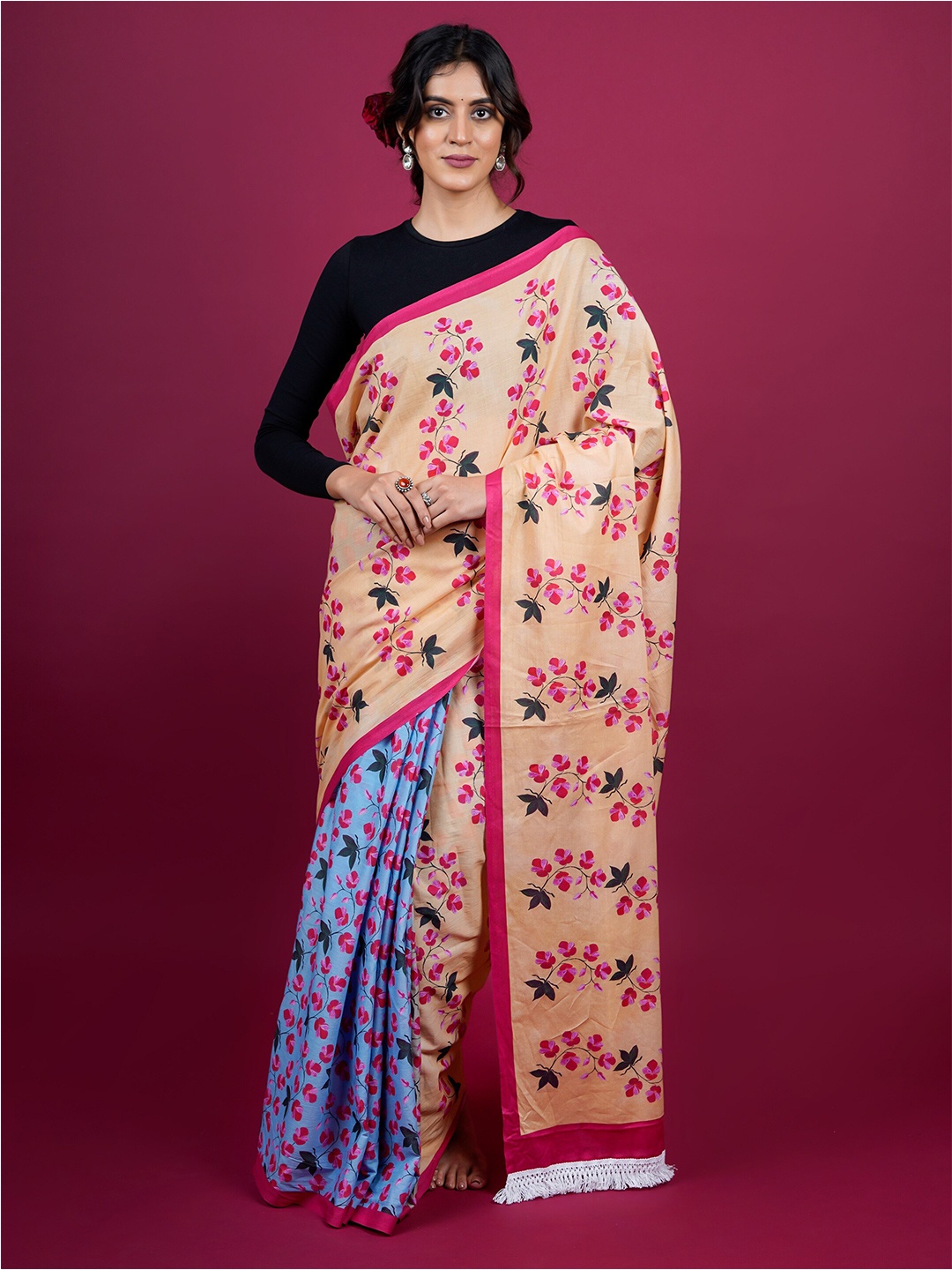 

BUTA BUTI Floral Printed Pure Cotton Saree, Pink