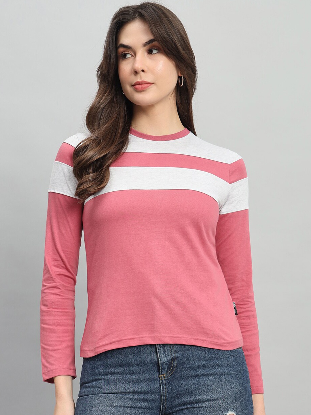 

The Dry State Rose Coloured Colourblocked Long Sleeves Cotton T-shirt
