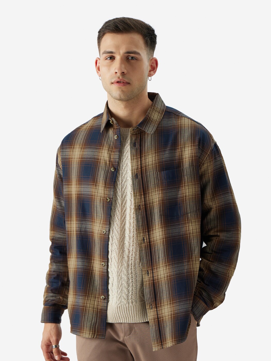 

The Souled Store Men Brown Checked Pure Cotton Oversized Casual Shirt