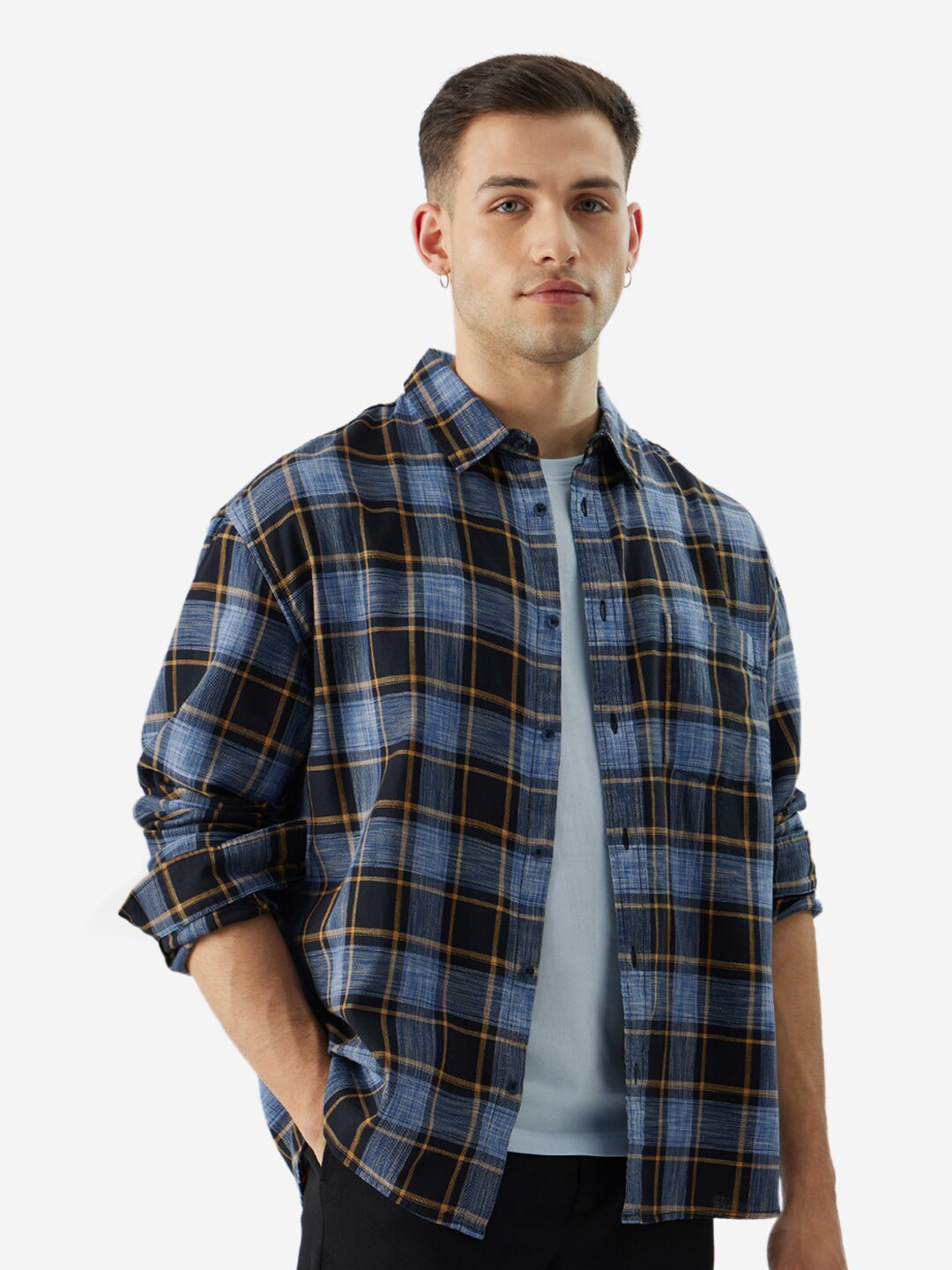

The Souled Store Men Blue Tartan Checked Cotton Oversized Casual Shirt
