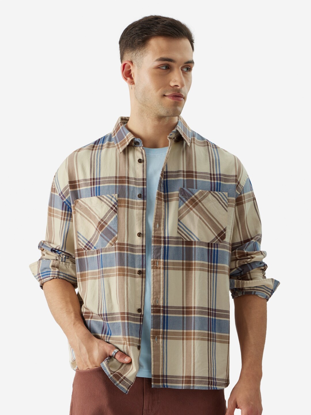 

The Souled Store Beige Tartan Checked Oversized Cotton Casual Shirt