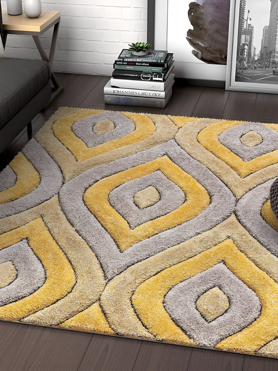 Shopgallery Yellow & Grey Geometric Anti-Skid Shaggy Carpet