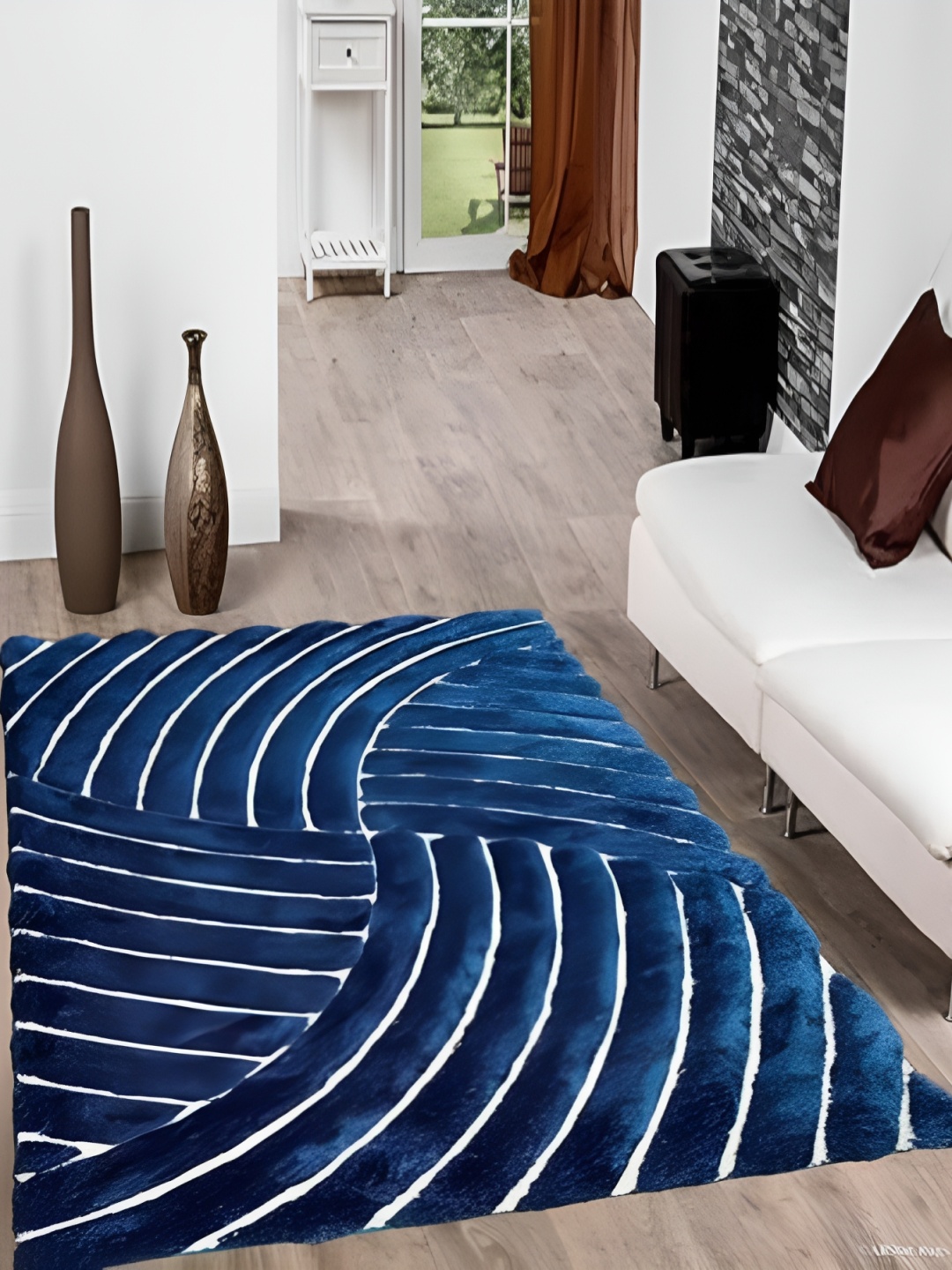 Shopgallery Blue & White Geometric Anti-Skid Shaggy Carpet