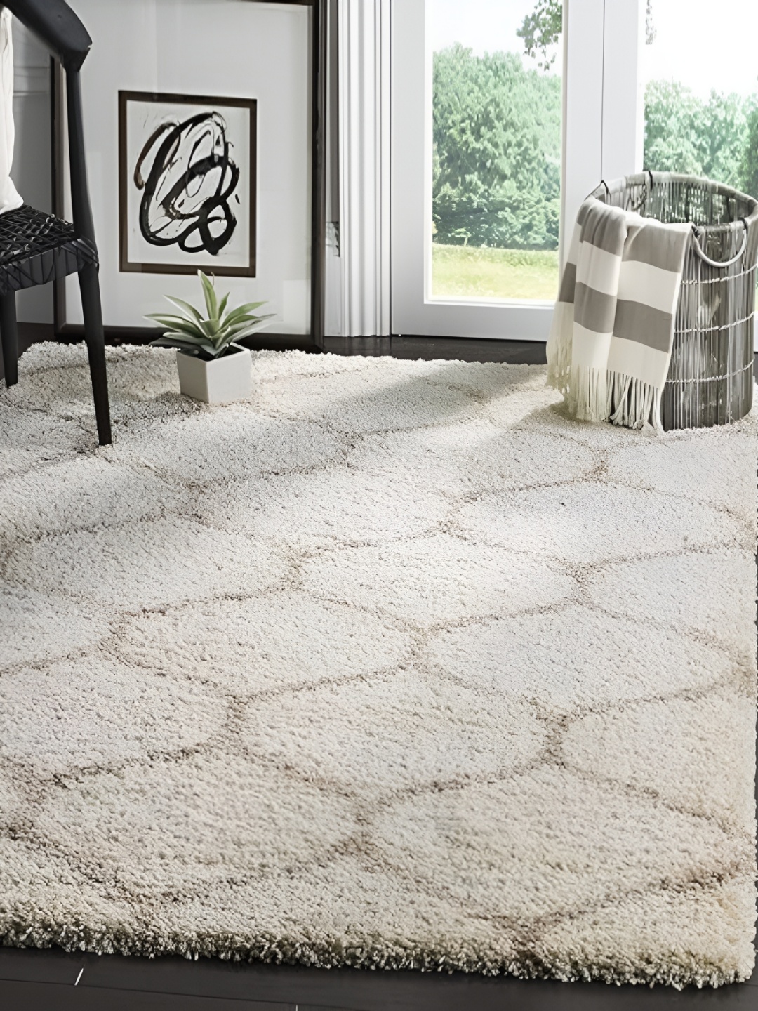 Shopgallery Beige & Brown Geometric Anti-Skid Shaggy Carpet