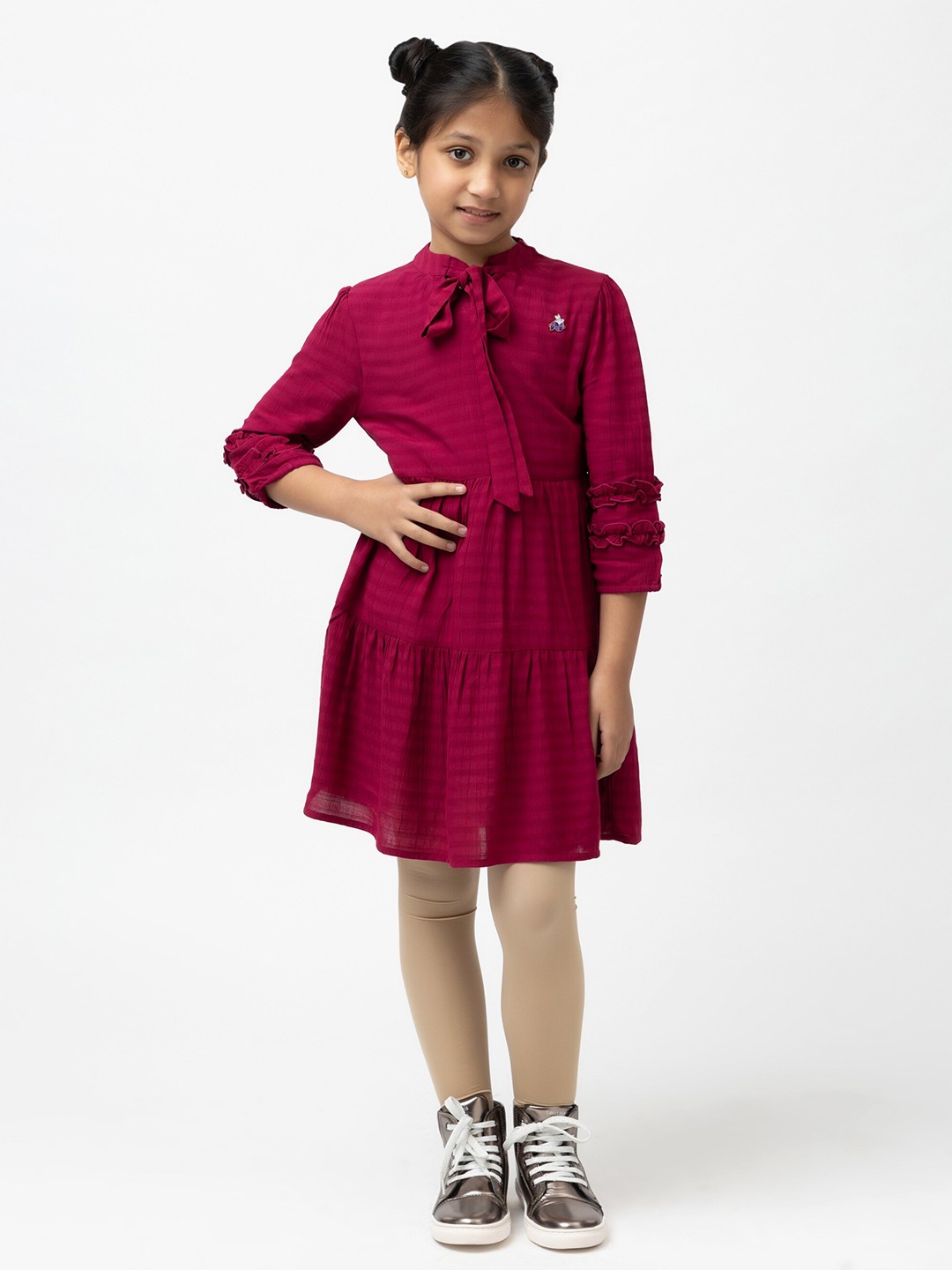 

Purple United Kids Girls Self-Striped Tie-Up Neck Fit & Flare Dress, Maroon