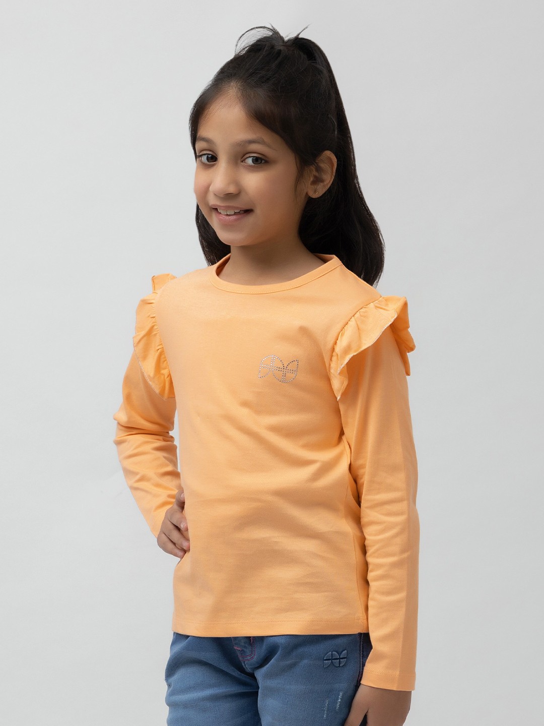 

Purple United Kids Girls Round Neck Cotton T-shirt With Minimal Embellished Detail, Peach