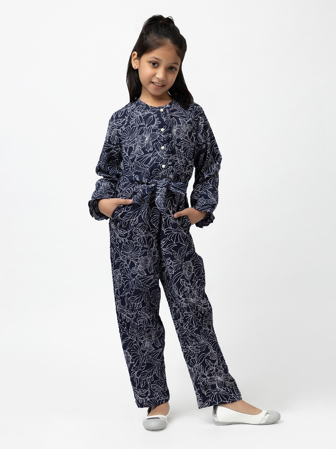 

Purple United Kids Girls Floral Printed Waist Tie Up Basic Jumpsuit, Navy blue
