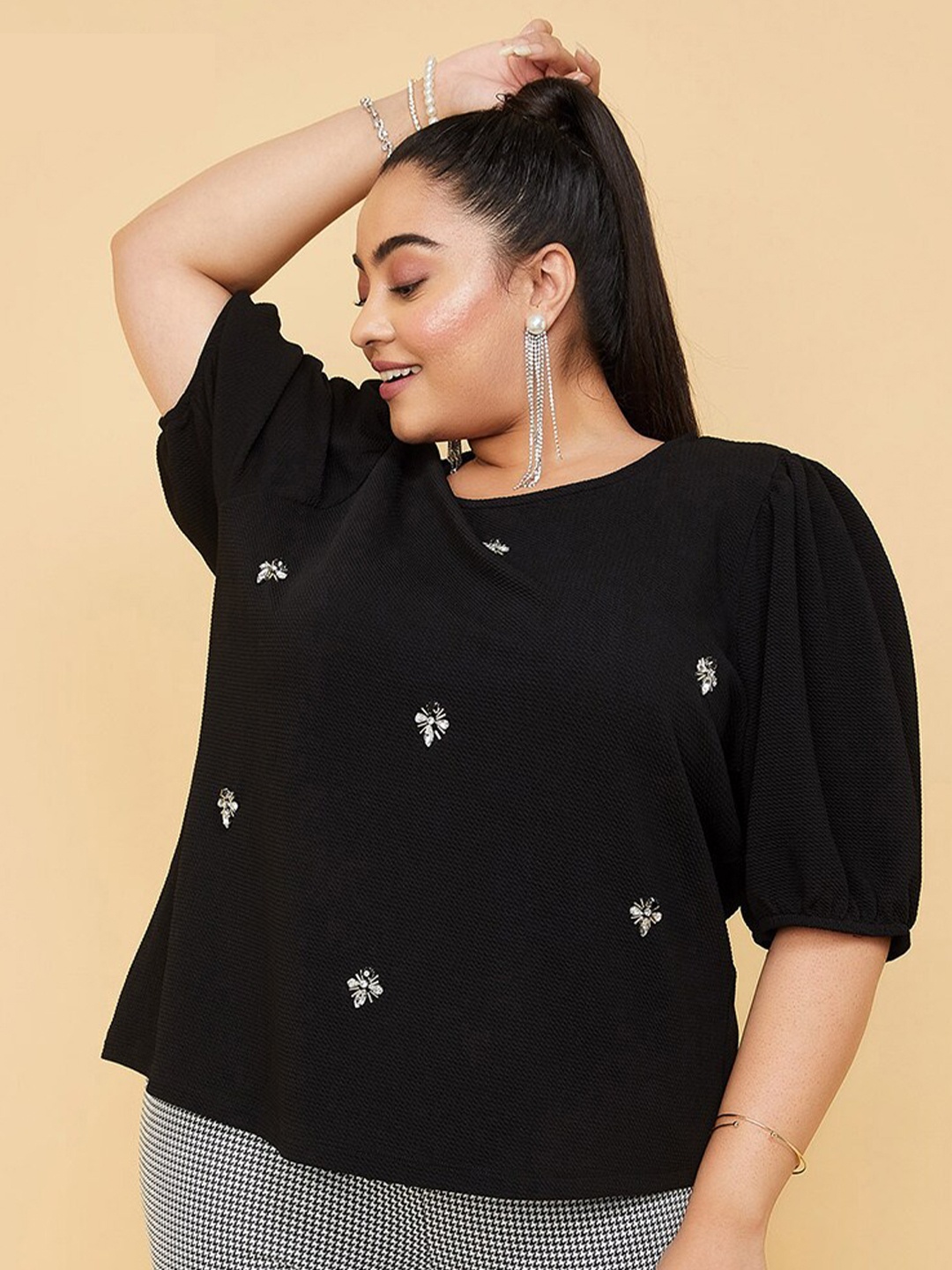 

max Round Neck Print Top, Black