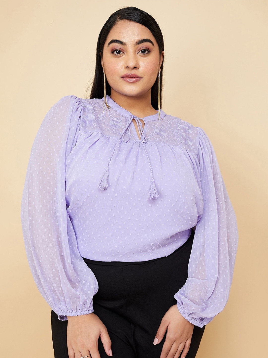 

max Plus Size Self Design Tie-Up Neck Puff Sleeve Top, Lavender