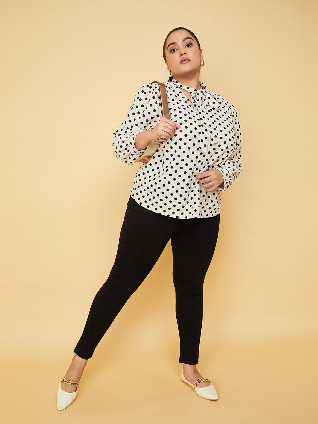 

max Polka Dot Printed Tie-Up Neck Slit Sleeve Shirt Style Top, Beige