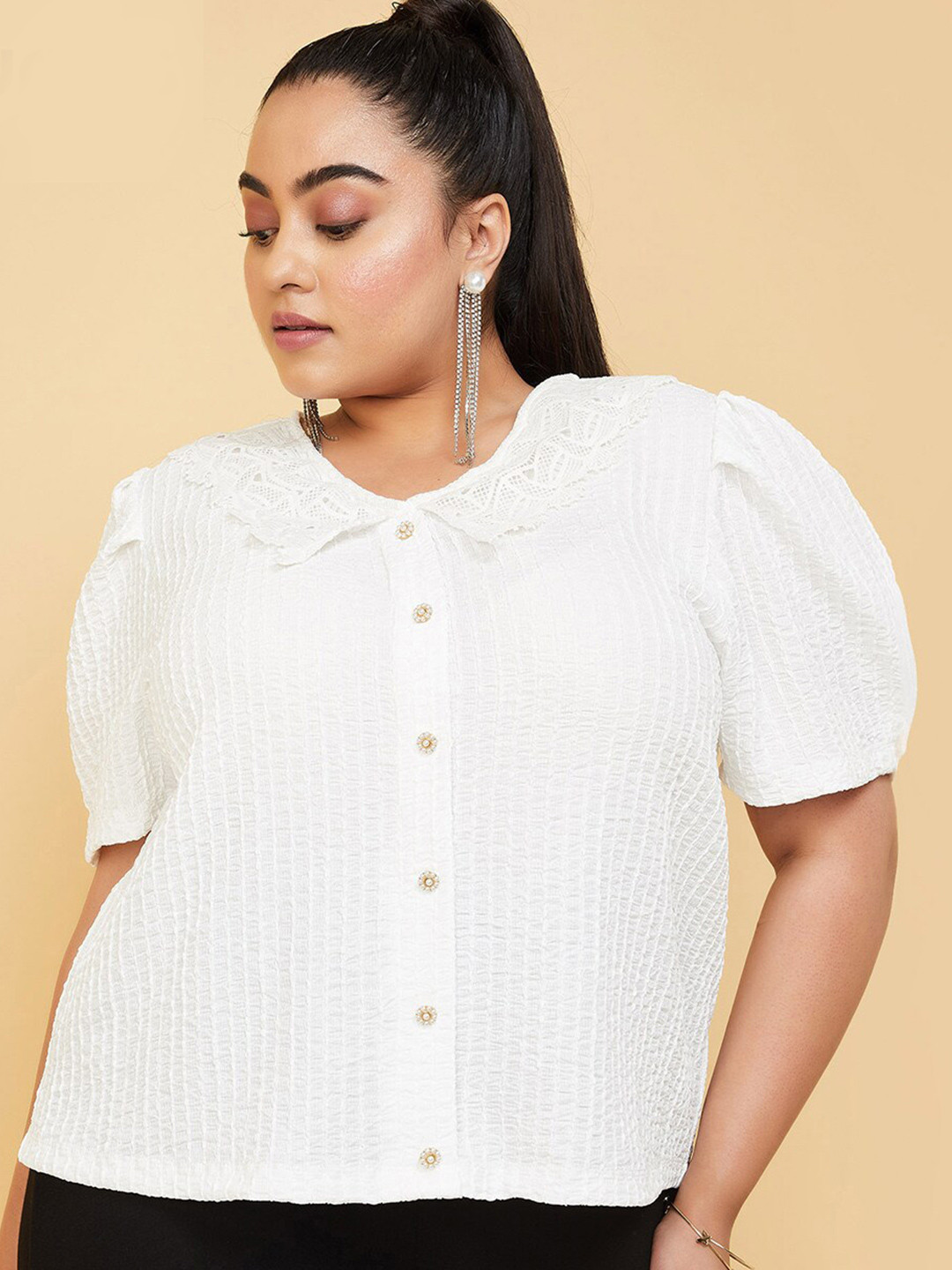 

max Plus Size Striped Puff Sleeves Shirt Style Top, White
