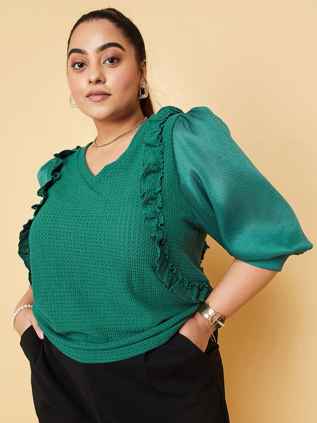 

max Self Design Puff Sleeved Polyester Top, Green