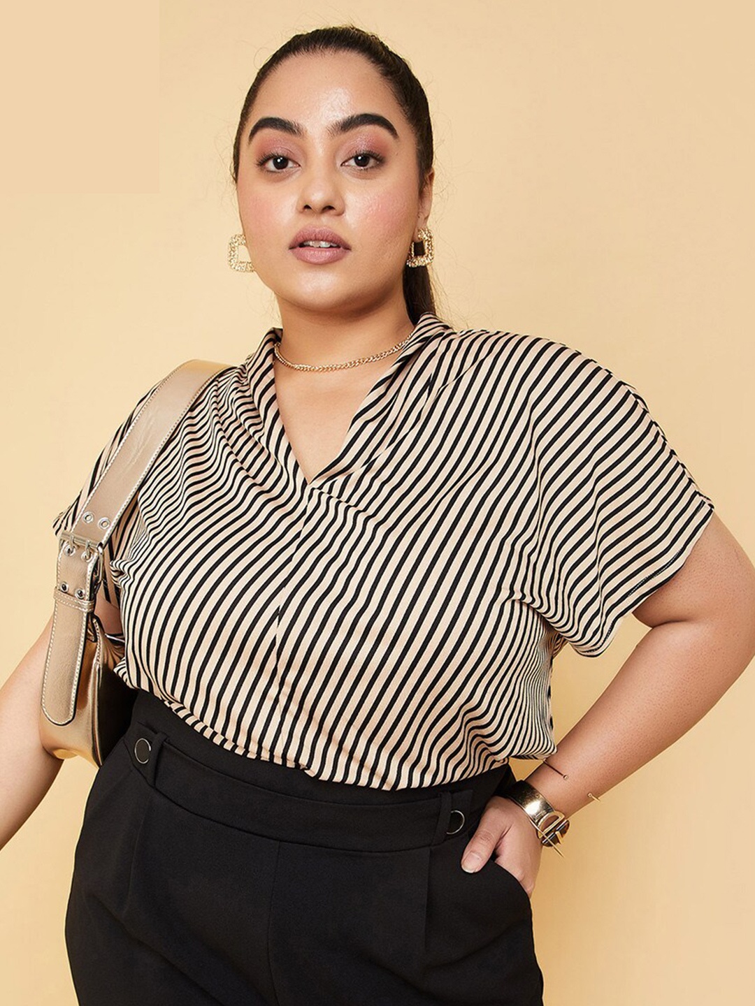 

max Plus Size Striped Regular Sleeves Top, Beige