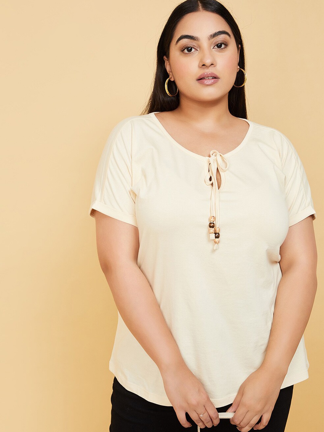 

max Tie Up Neck Cotton Top, Beige