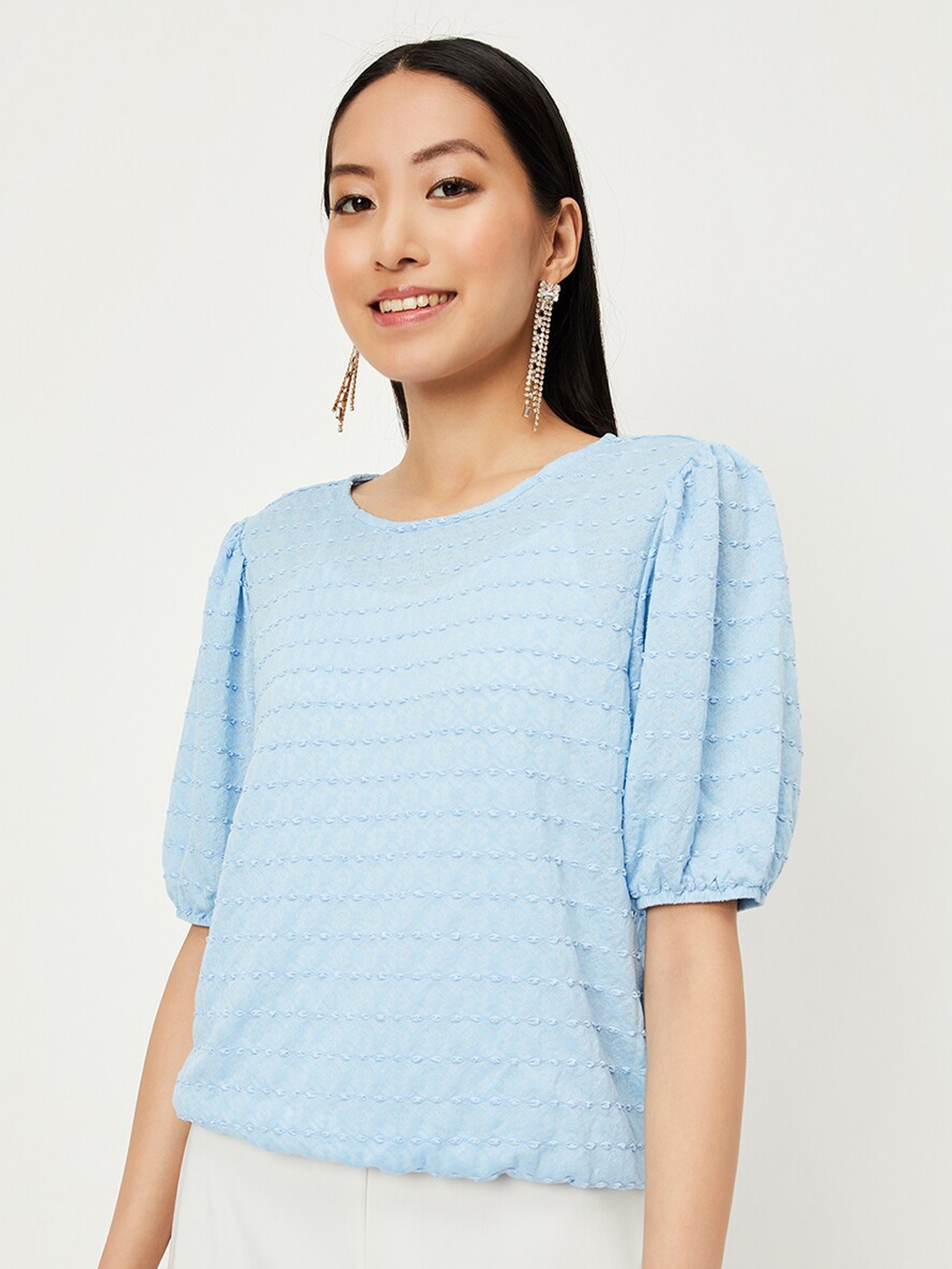 

max Round Neck Striped Self Design Cotton Top, Blue