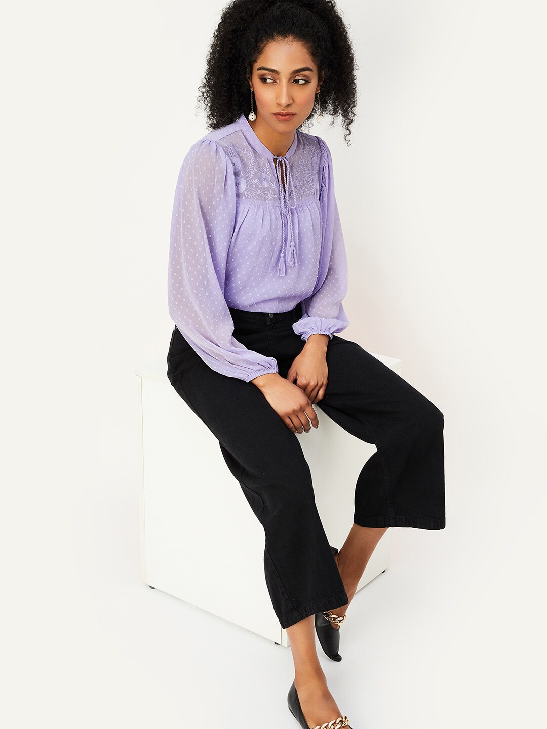 

max Purple Tie-Up Neck Puff Sleeve Top