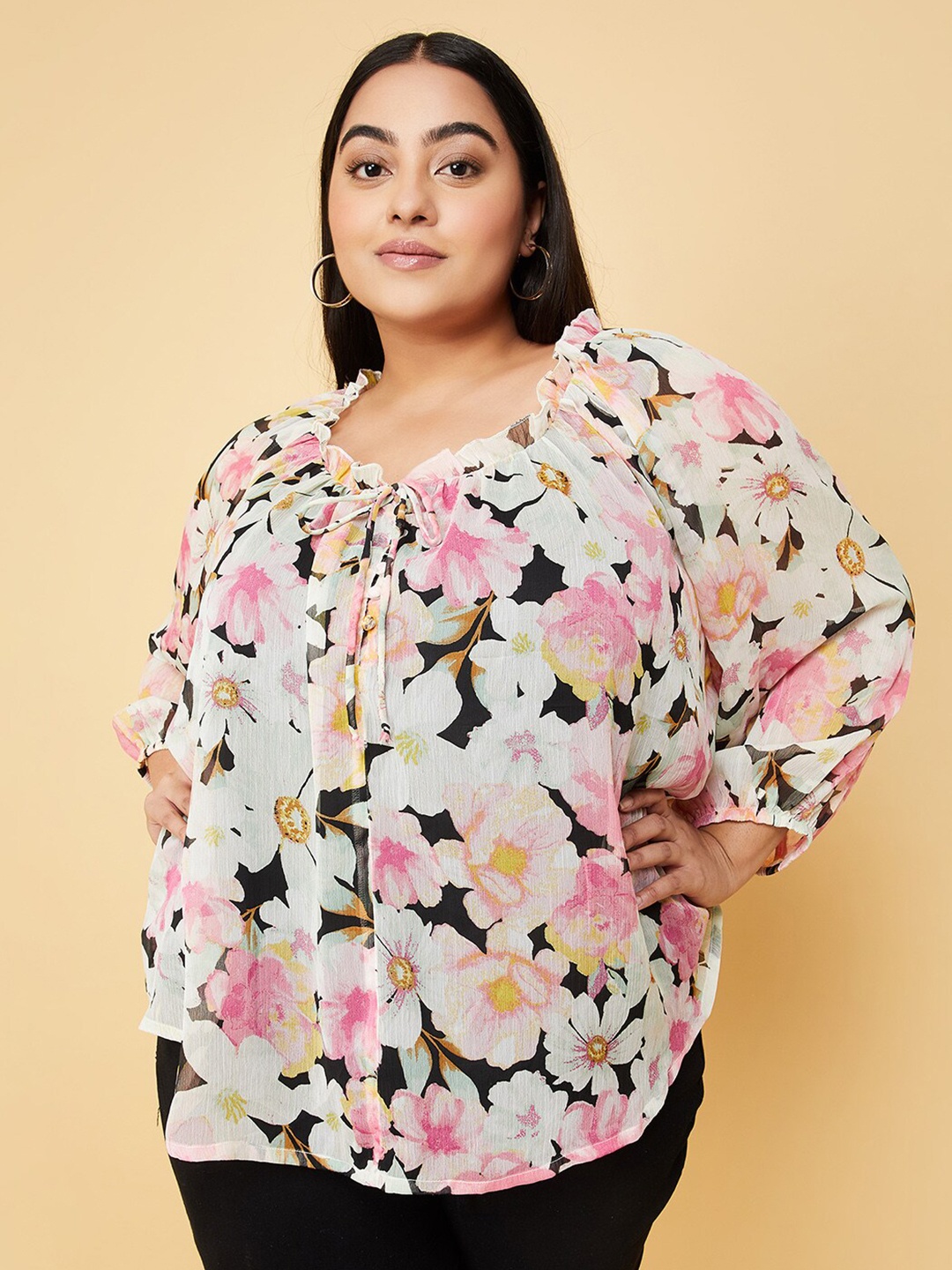 

max Plus Size Round Neck Floral Print Top, White