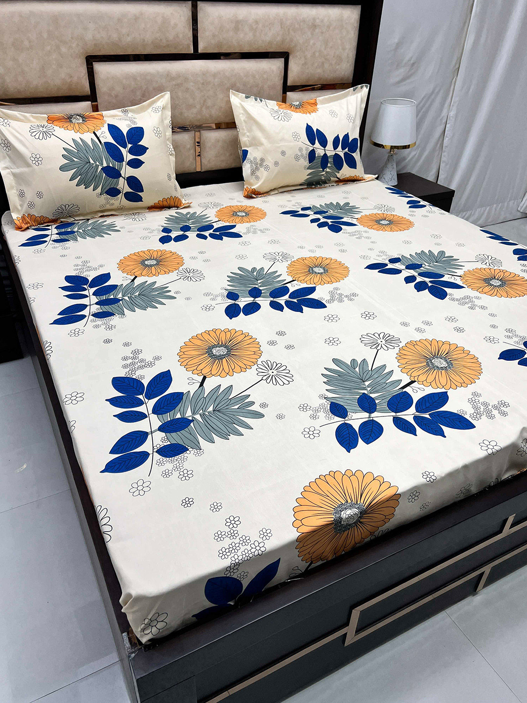 

Pure Decor Cream & Blue Floral 250 TC Cotton Queen Bedsheet with 2 Pillow Covers