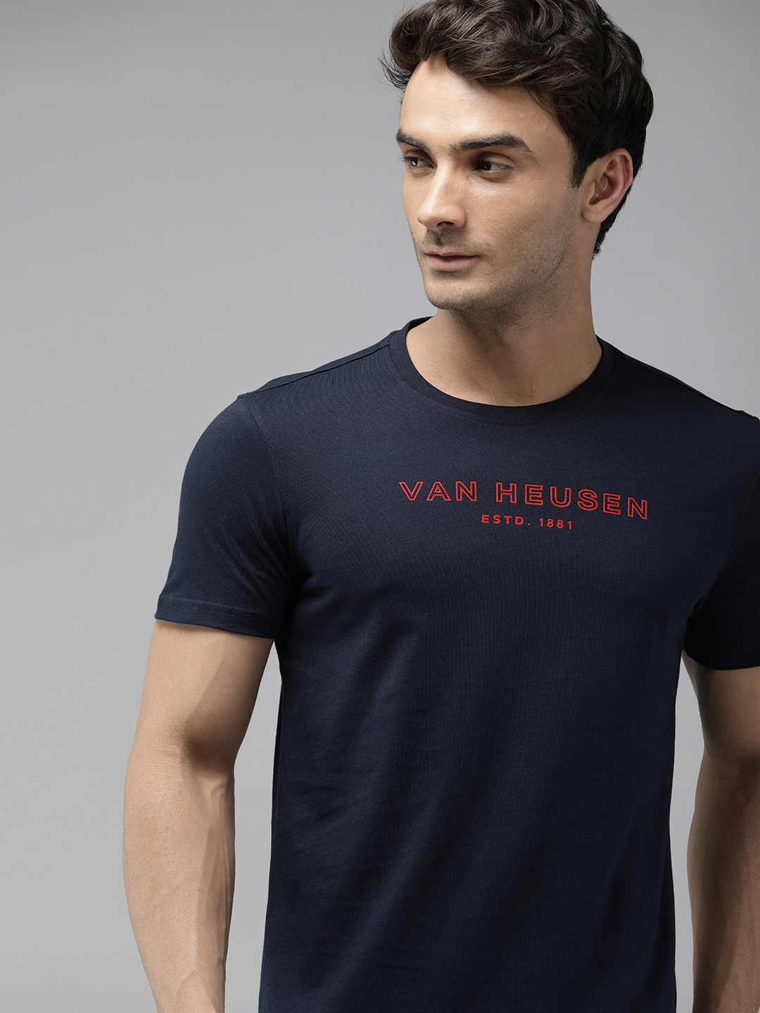 

Van Heusen Men Brand Logo Printed Pure Cotton T-shirt, Navy blue