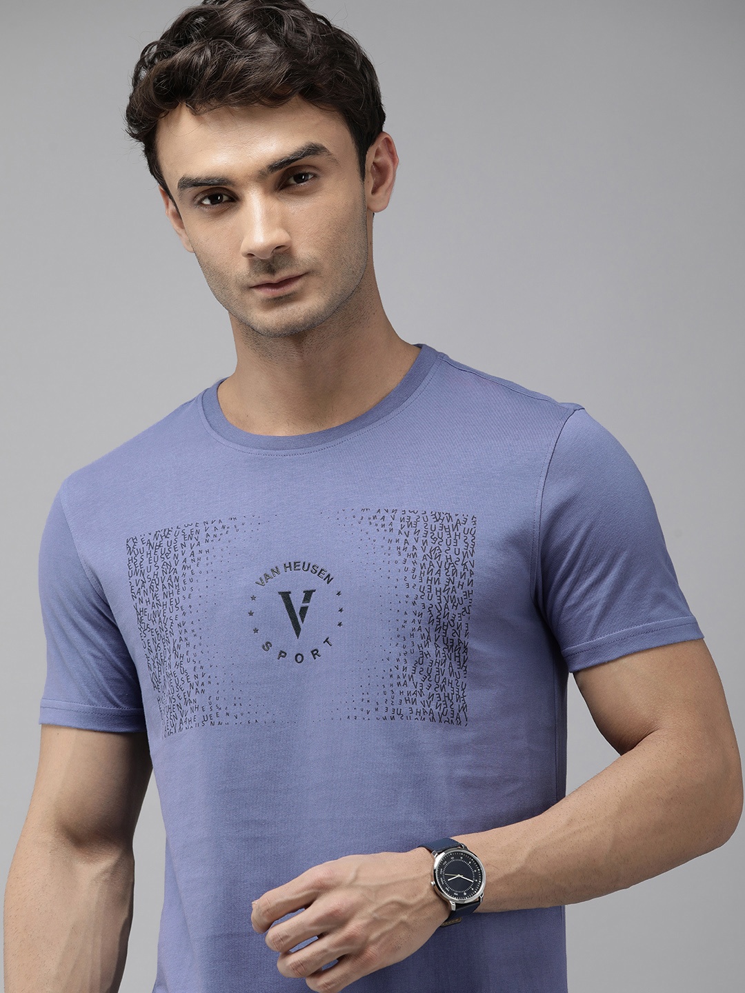 

Van Heusen Men Brand Logo Printed Pure Cotton T-shirt, Violet