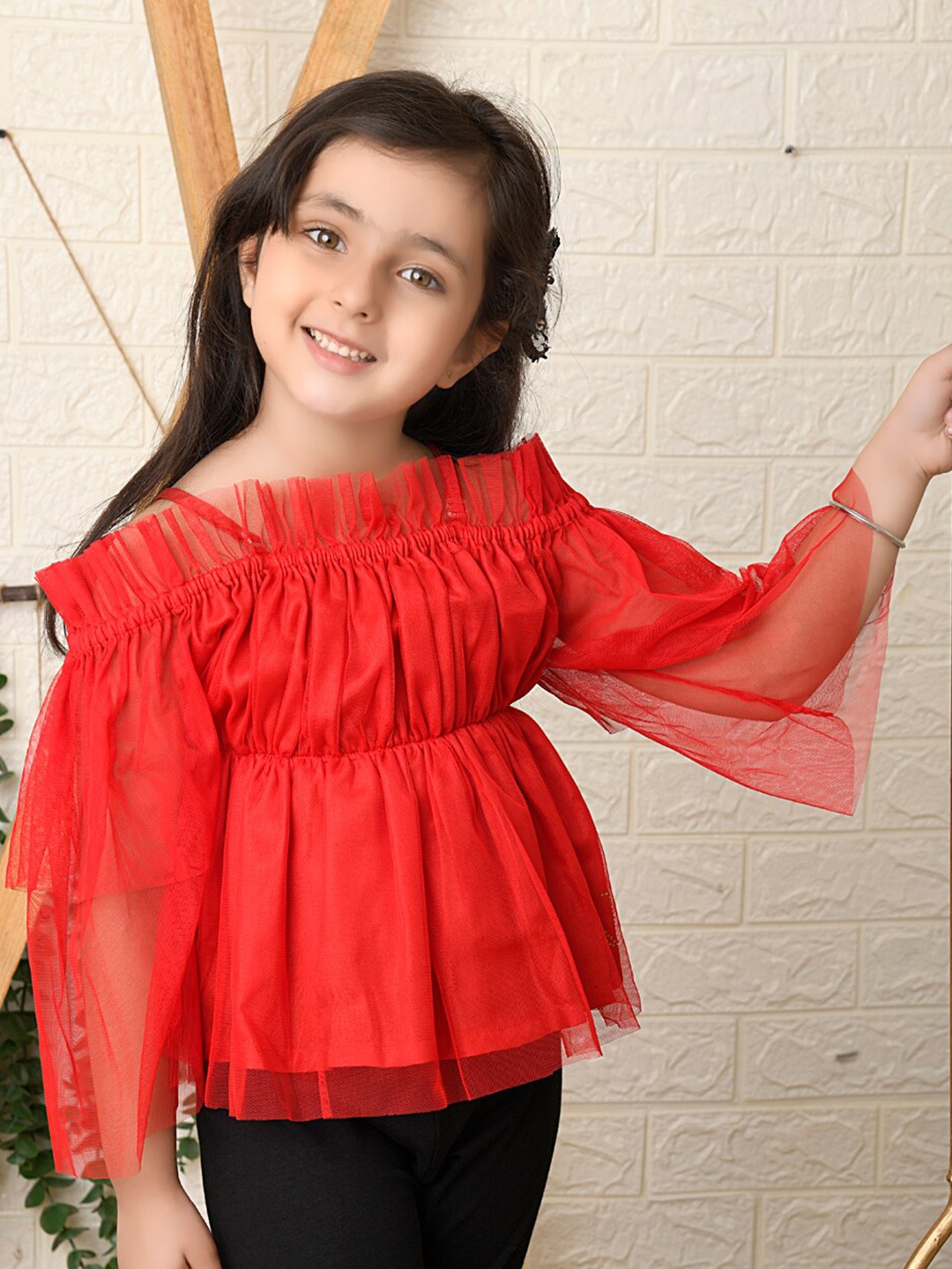 

BAESD Shoulder Straps Ruffle Net Cinched Waist Top, Red