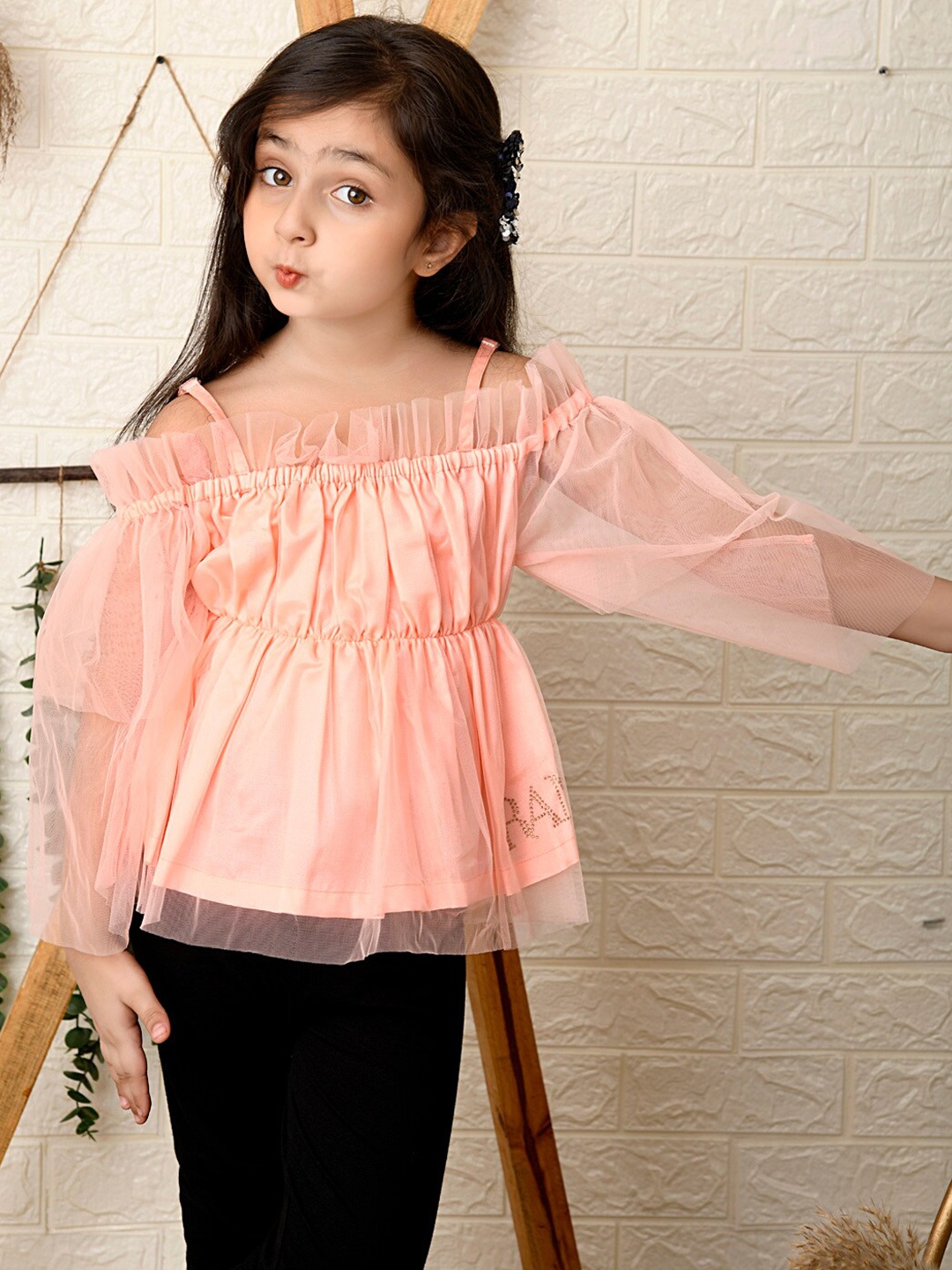 

BAESD Shoulder Straps Ruffle Net Cinched Waist Top, Peach