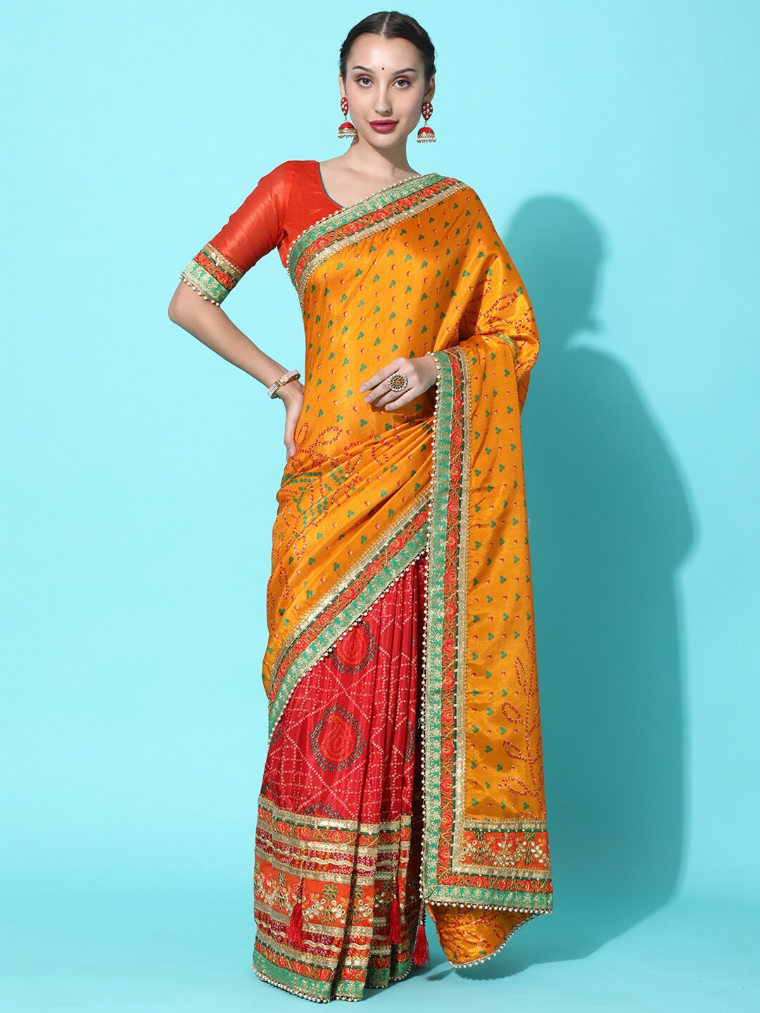 

Mitera Orange & Red Bandhani Embroidered Dola Silk Half and Half Bandhani Saree