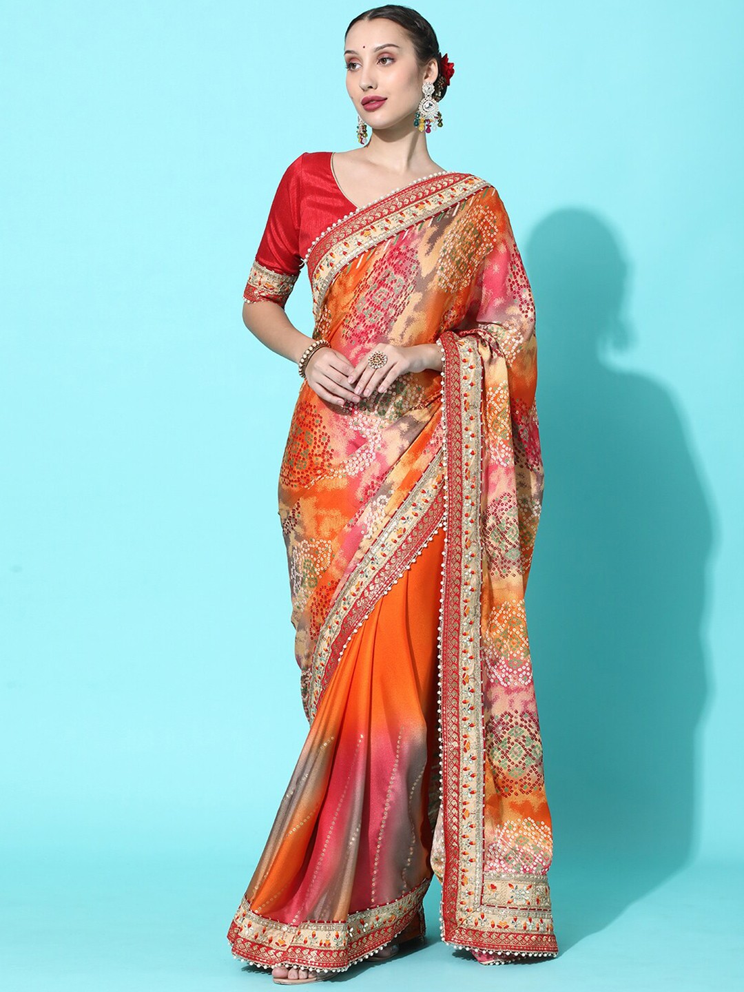

Mitera Orange & Red Bandhani Embroidered Dola Silk Half and Half Bandhani Saree
