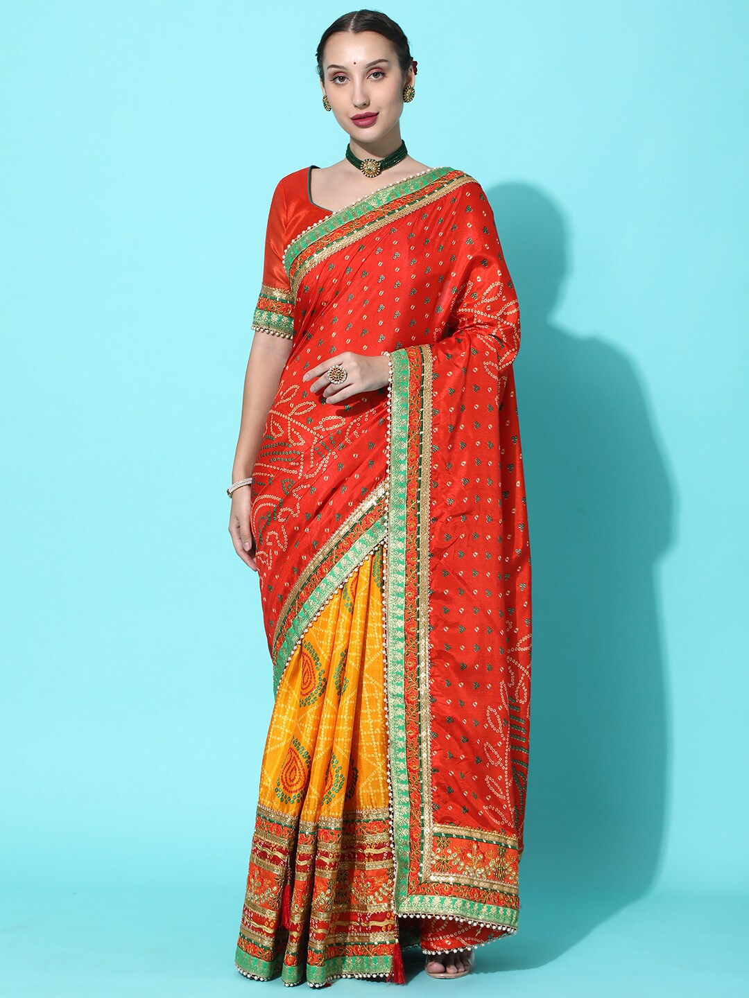 

Mitera Yellow & Red Bandhani Embroidered Dola Silk Half and Half Bandhani Saree