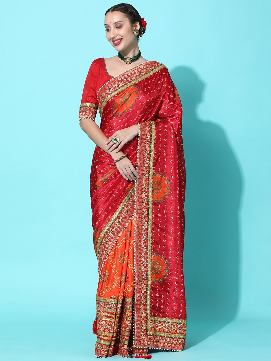 

Mitera Coral & Red Bandhani Zari Dola Silk Half and Half Bandhani Saree