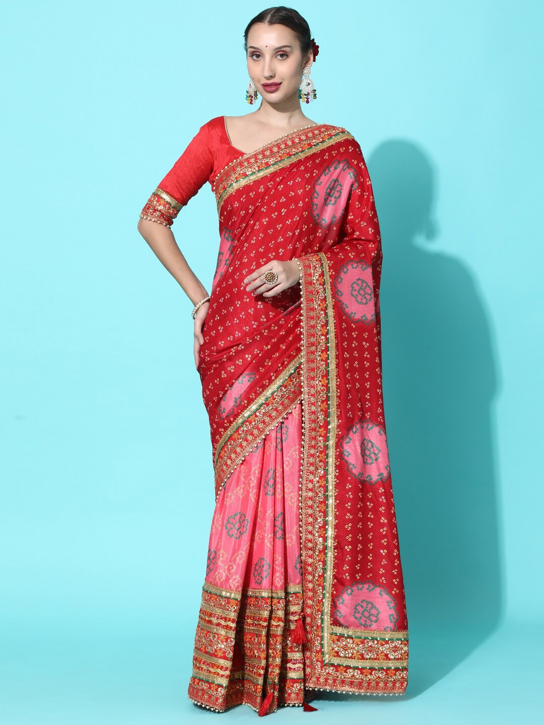 

Mitera Pink & Red Bandhani Embroidered Dola Silk Half and Half Bandhani Saree