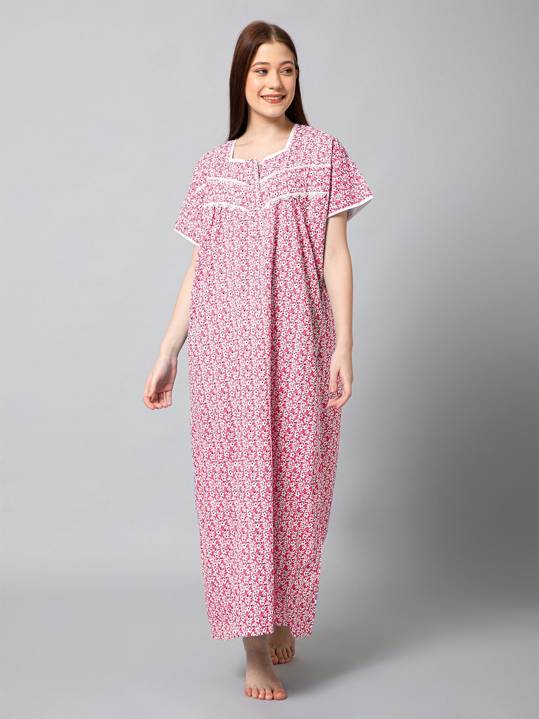 

Winza Designer Floral Printed Pure Cotton Maxi Nightdress, Peach