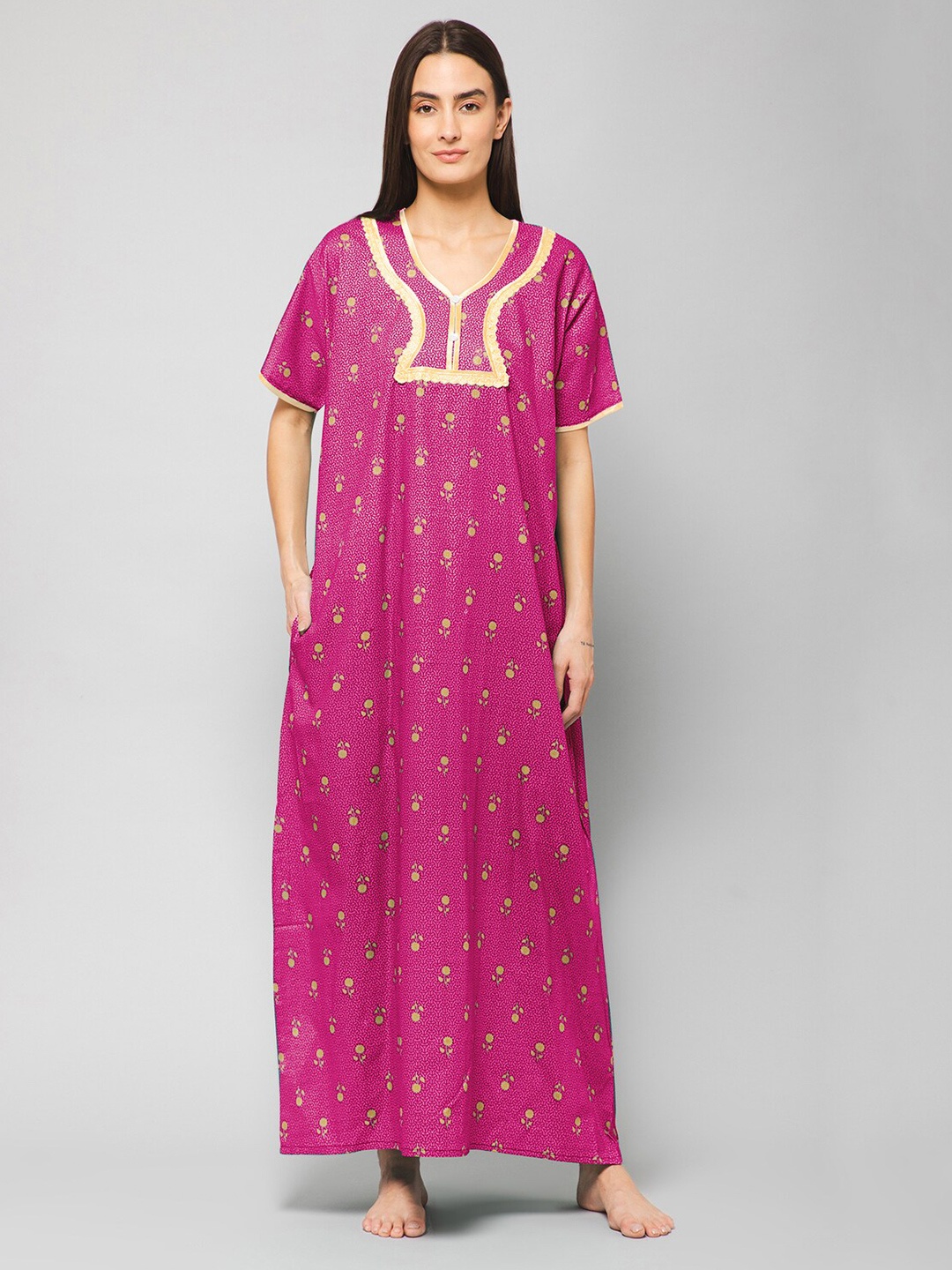 

Winza Designer Floral Printed Cotton Maxi Nightdress, Pink