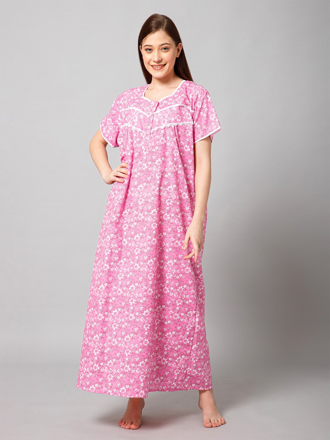 

Winza Designer Floral Printed Pure Cotton Maxi Nightdress, Pink