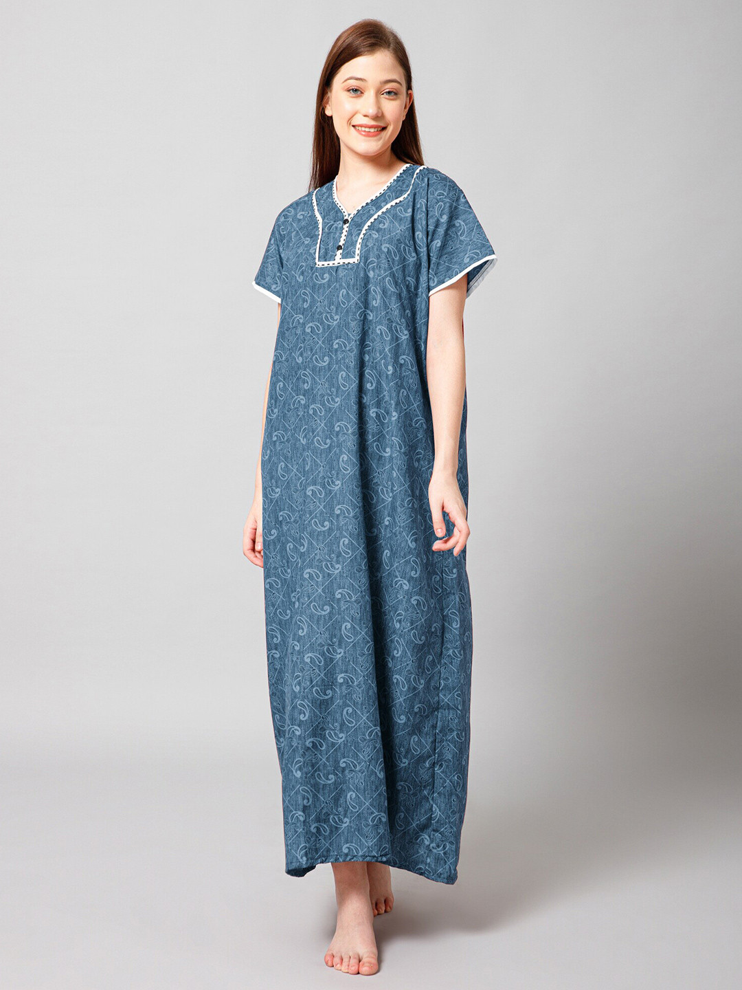 

Winza Designer Ethnic Motifs Printed Pure Cotton Maxi Nightdress, Teal